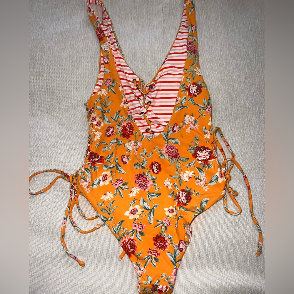 PacSun Orange Floral One Piece Swimsuit